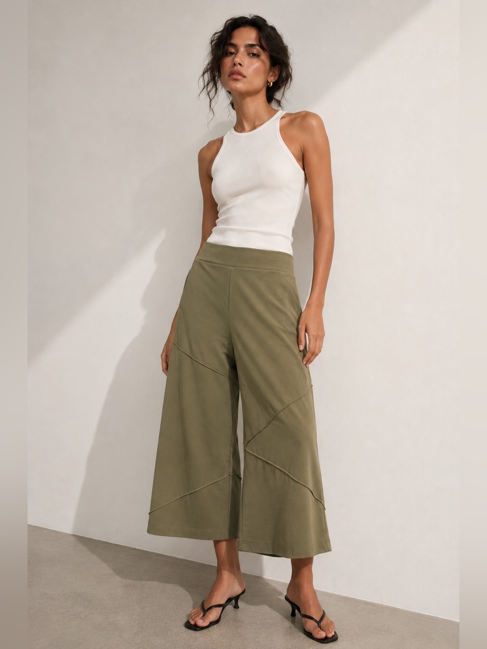 Compli K Olive Green Asymmetrical Cropped Wide Leg Pants Size XL